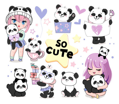 Big collection with cartoon anime girls and panda toys. Vector illustration for a t-shirt on a white background. Birthday concept