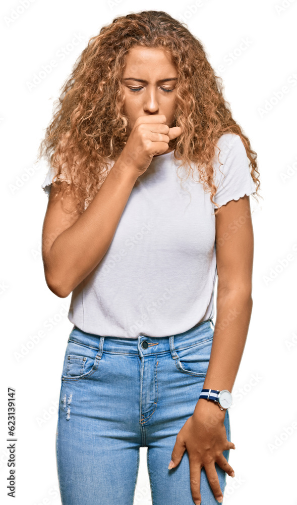 Poster beautiful caucasian teenager girl wearing casual white tshirt feeling unwell and coughing as symptom