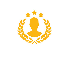 Gold silhouette circular laurel foliate with a male avatar, wheat and oak wreaths depicting an award, achievement, heraldry logo design. Winner gold laurel emblem vector design and illustration.

