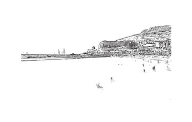 Fototapeta premium Building view with landmark of Puerto Rico de Gran Canaria is a holiday resort Spanish island in Gran Canaria. Hand drawn sketch illustration in vector.