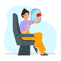 Woman sits on a plane or train and takes a selfie on her phone. Journey. Vector graphic.