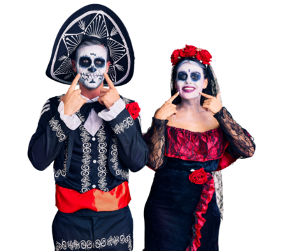 Young couple wearing mexican day of the dead costume over background smiling with open mouth, fingers pointing and forcing cheerful smile
