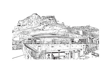 Building view with landmark of Puerto Rico de Gran Canaria is a holiday resort Spanish island in Gran Canaria. Hand drawn sketch illustration in vector.