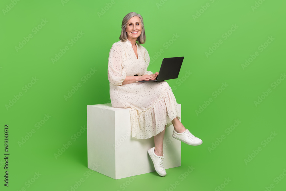 Wall mural Full body photo of lovely retired lady sit platform work laptop remotely wear trendy white outfit isolated on green color background