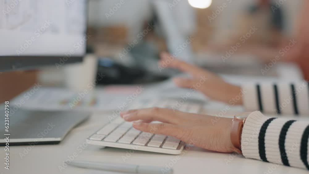 Poster Hands, keyboard and person typing with closeup, writing report or feedback with email communication. Fast, computer and receptionist recording data, administration and desk with research and article