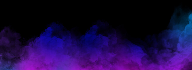 Isolated black background. Colorful smoke on floor. Misty fog effect texture overlays for text or space