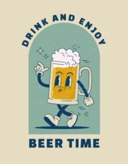 Papier Peint photo Typographie positive Cartoon beer mug character in retro 70s style. Vector illustration. Vintage beverage mascot poster. Nostalgia 60s, 1970s, 80s