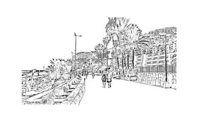 Obraz premium Building view with landmark of Puerto Rico de Gran Canaria is a holiday resort Spanish island in Gran Canaria. Hand drawn sketch illustration in vector.