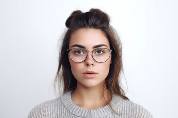 Fototapeta premium Modern young woman wearing stylish spectacles for vision correction. Eyewear store ad. Generative AI