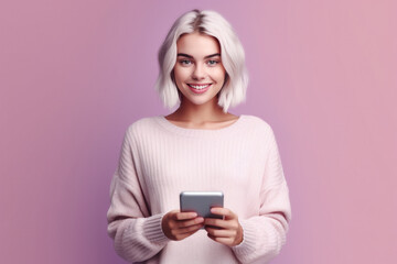 Smiling modern young blonde teen girl holding tablet, advertising trendy mobile apps. Generative AI