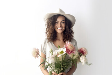 Smiling pretty female gardener in hat holds flowers bouquet. Natural woman beauty. Generative AI
