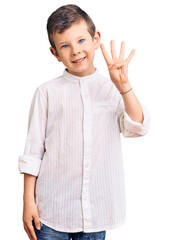 Cute blond kid wearing elegant shirt showing and pointing up with fingers number four while smiling confident and happy.
