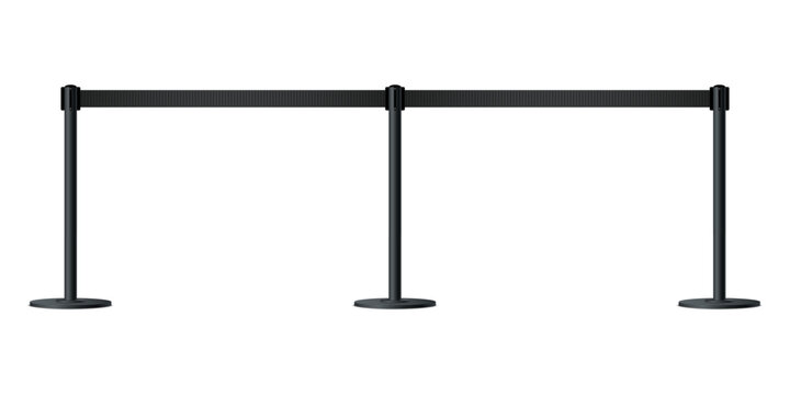 Realistic black retractable belt stanchion. Elegant metallic poles with black tape. Concept of event entrance gate, VIP zone, exclusive entrance, closed event restriction, museum exhibition. Vector