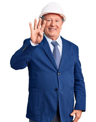 Senior handsome grey-haired man wearing suit and architect hardhat showing and pointing up with fingers number four while smiling confident and happy.