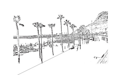 Building view with landmark of Puerto Rico de Gran Canaria is a holiday resort Spanish island in Gran Canaria. Hand drawn sketch illustration in vector.