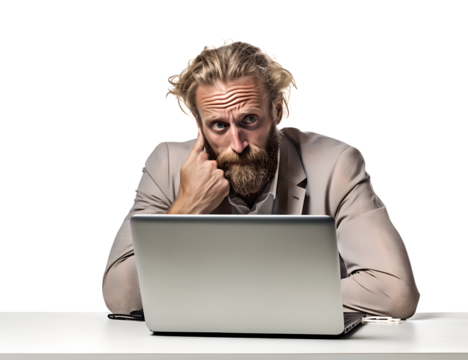 A Man Working Hard on Laptop in Mad, Frayed, Stress, Crazy with Messy Hair in Transparent Background