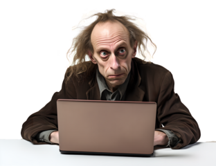 A Man Working Hard on Laptop in Mad, Frayed, Stress, Crazy with Messy Hair in Transparent Background
