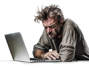 A Man Working Hard on Laptop in Mad, Frayed, Stress, Crazy with Messy Hair in Transparent Background