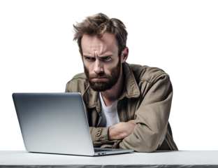 A Man Working Hard on Laptop in Mad, Frayed, Stress, Crazy with Messy Hair in Transparent Background