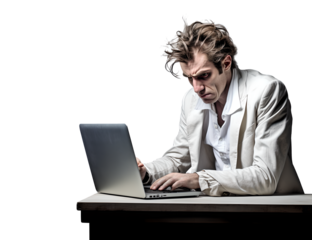 A Man Working Hard on Laptop in Mad, Frayed, Stress, Crazy with Messy Hair in Transparent Background