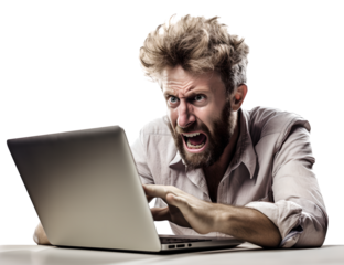 A Man Working Hard on Laptop in Mad, Frayed, Stress, Crazy with Messy Hair in Transparent Background