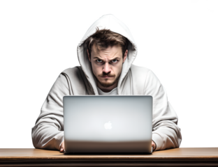 A Man Working Hard on Laptop in Mad, Frayed, Stress, Crazy with Messy Hair in Transparent Background