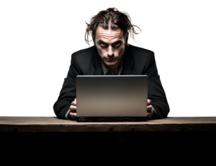 A Man Working Hard on Laptop in Mad, Frayed, Stress, Crazy with Messy Hair in Transparent Background