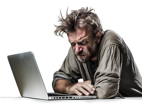 A Man Working Hard on Laptop in Mad, Frayed, Stress, Crazy with Messy Hair in Transparent Background