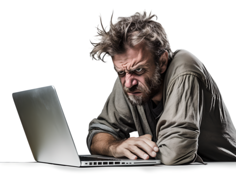 A Man Working Hard on Laptop in Mad, Frayed, Stress, Crazy with Messy Hair in Transparent Background