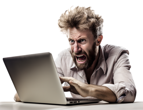 A Man Working Hard on Laptop in Mad, Frayed, Stress, Crazy with Messy Hair in Transparent Background - Powered by Adobe