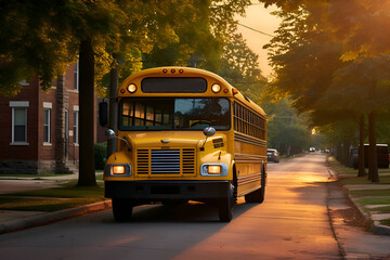 Obraz premium A school bus is driving on a road, Generative AI