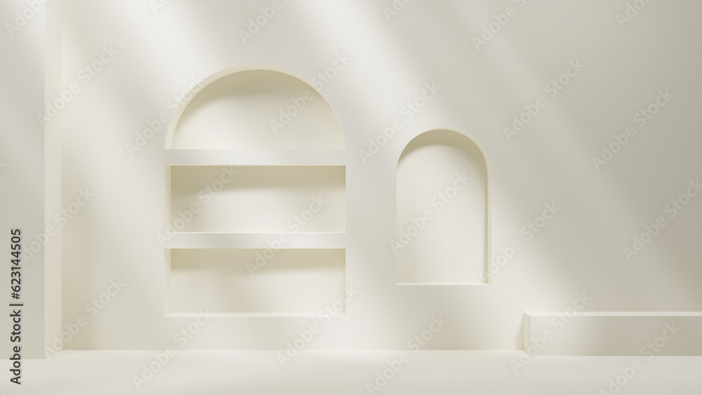 Poster White wall empty interior architecture design mock up, shelves and places for product and object placement, design studio room mock up 3d rendering, sunlights beams spotlight an? shadows