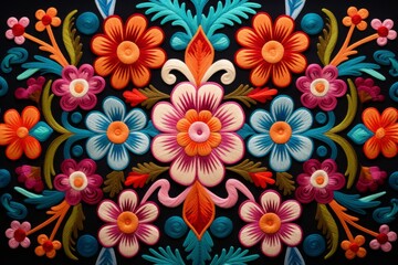 Fototapeta na wymiar Colorful mexican embroidery floral pattern. Vintage floral background. Ai generated.