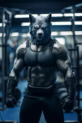 Fototapeta na wymiar fit Wolf standing at the gym, Fitness Wolf dominating the gym, generative AI