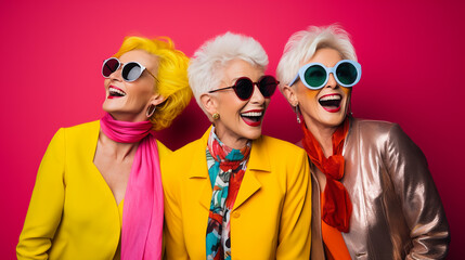 Fashionable studio portrait of three cheerful, mature women in vibrant suits against pink background. Middle aged smiling ladies with sunglasses and colorful scarfs radiating joy and self-confidence