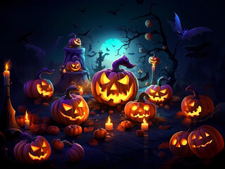 Pumpkin Jack O'Lantern surrounded by halloween decor in cartoon style