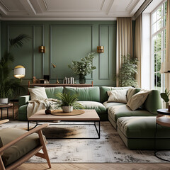 This modern, stylish living room exudes a sense of serenity with its calming green furniture and lush plants, perfect for any apartment interior design