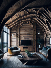 Abstract Living Room Interior With Wood Curved Arched Ceiling and Windows, Modern Style Furniture, Lots Of Sun Light, Nature Feeling, generative AI