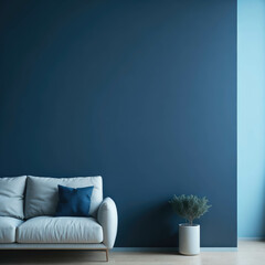 Modern Cozy Sofa With Pillows Infront Of  Empty Blue Wall, Minimalism Interior Living Room, Soft Light, Generative AI