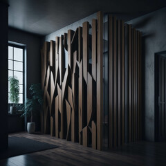 Modern Rustic Entarance Hall,  Wood Art,  Abstract Room Divider, Realistic Interior, Soft Light, Generative AI