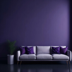 Modern Cozy Sofa With Pillows Infront Of  Empty Purple Wall, Minimalism Interior Living Room, Soft Light, Generative AI