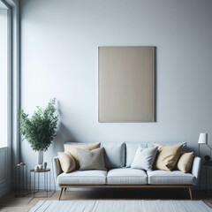 Modern Cozy Sofa With Pillows Infront Of  Wall With Mock Frame Art, Minimalism Interior Living Room, Soft Light, Generative AI