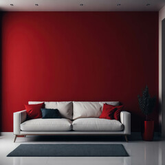 Modern Cozy Sofa With Pillows Infront Of  Empty Red Wall, Minimalism Interior Living Room, Soft Light, Generative AI