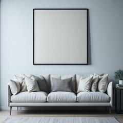 Modern Cozy Sofa With Pillows Infront Of  Wall With Mock Frame Art, Minimalism Interior Living Room, Soft Light, Generative AI