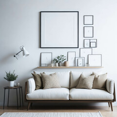 Modern Cozy Sofa With Pillows Infront Of  Wall With Mock Frame Art, Minimalism Interior Living Room, Soft Light, Generative AI