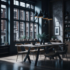 Scandinavian Interior Design Dining Room, Large Wood Rustic Table And Chairs Against Windows, Soft Light, Generative AI