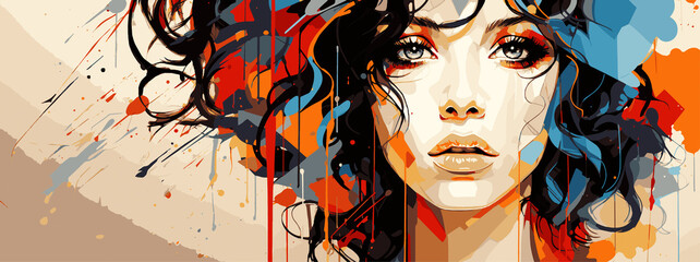 Expressive material vector banners, featuring strong, militant female faces. Harmonized with abstract backgrounds. Ample text space. Ideal for web use.