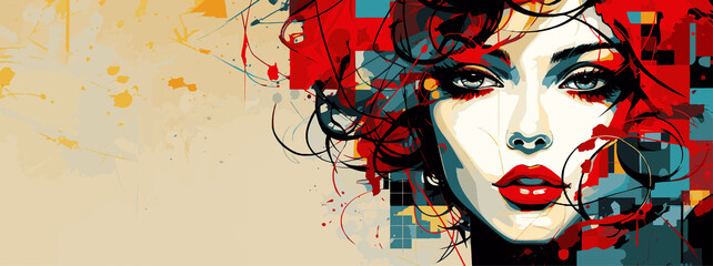 Expressive material vector banners, featuring strong, militant female faces. Harmonized with abstract backgrounds. Ample text space. Ideal for web use.