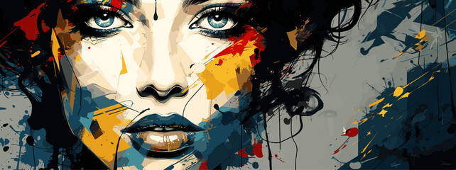 Expressive material vector banners, featuring strong, militant female faces. Harmonized with abstract backgrounds. Ample text space. Ideal for web use.