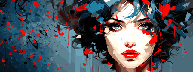 Expressive material vector banners, featuring strong, militant female faces. Harmonized with abstract backgrounds. Ample text space. Ideal for web use.